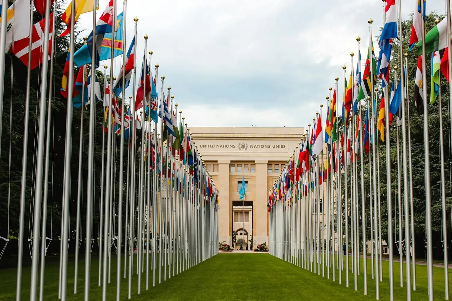 Flags lining the approach to the Palais des Nations, Geneva